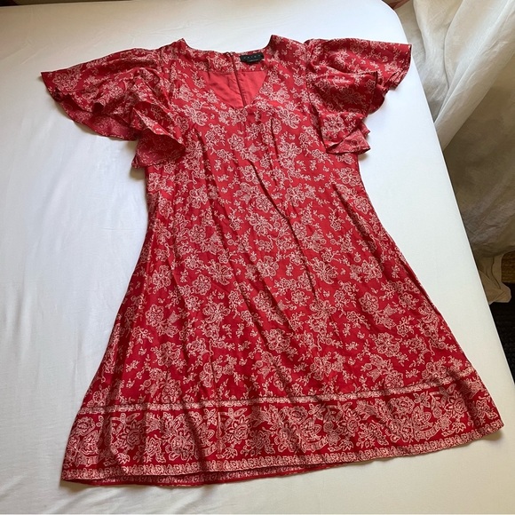 HATCH red floral border print flutter v neck short sleeve mini dress - Picture 1 of 7